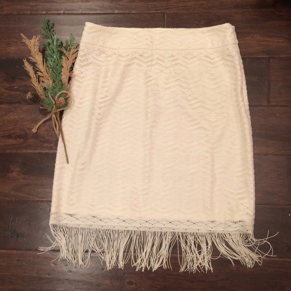 Cato size 10 cream pencil skirt with fringe on hem